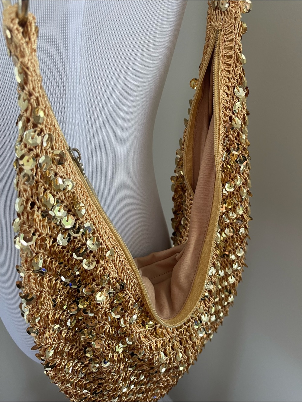 Fashion Express Gold Sequin Crochet Hobo Shoulder Bag Y2K - Picture 8 of 16
